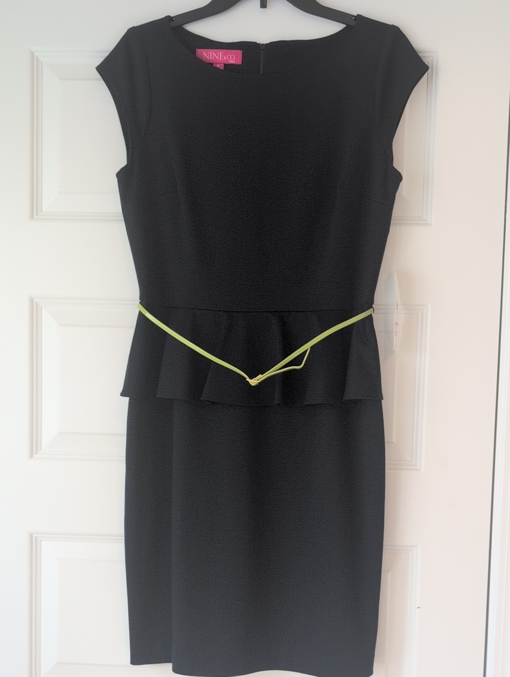 Nine & Co. Navy Blue Midi Peplum Sheath Dress with Lime Belt